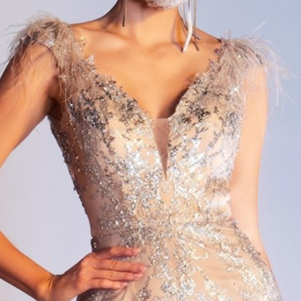 SILVER/NUDE FEATHERED MERMAID PROM PARTY LONG MAXI  EVENING GOWN DRESS CDC57 - Picture 8 of 10